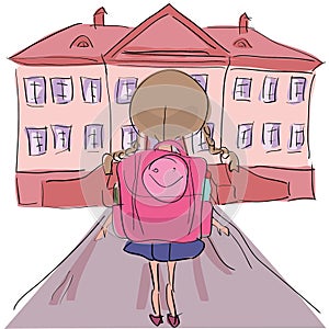 Little girl with big school bag standing towards school building