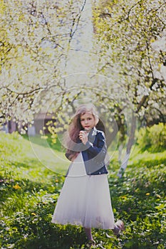 Little girl in black jacket sniffing a daisy in the spring cherry garden