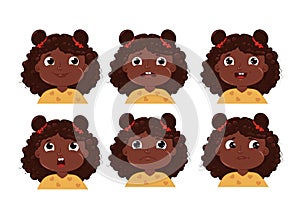 Little girl with black skin character emotion set. Child face is sad and happy and frightened