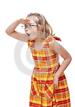 Little Girl with Blond Hair and Glasses Looking