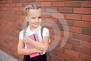 Little girl with blond hair in a white shirt and blue skirt holds an empty board near the upper wall.