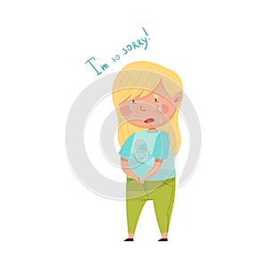 Little Girl with Blonde Hair Crying Feeling Sorry and Expressing Regret for Bad Thing Vector Illustration