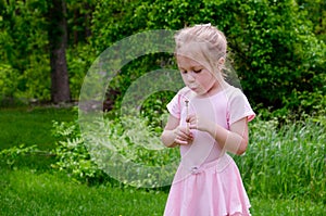 Little girl blowing dandelion fluff