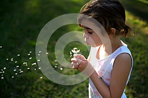 Little girl blowing a dandelion and making wish