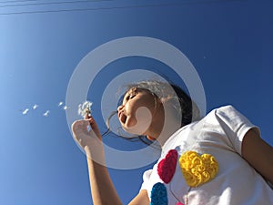 A little girl blowing dandelion seeds.