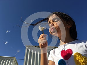 A little girl blowing dandelion seeds.