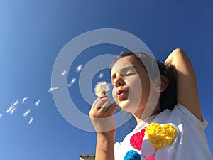 A little girl blowing dandelion seeds.