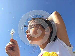 A little girl blowing dandelion seeds.