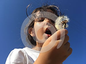 A little girl blowing dandelion seeds.