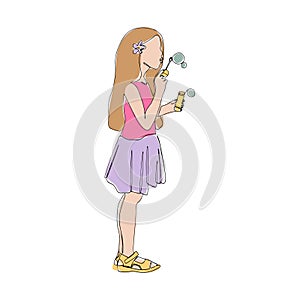Little girl blowing soap bubbles. Vector sketch hand drawn with black lines, isolated on white background.