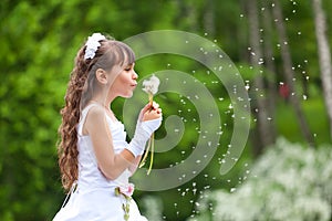 Little girl blows away dandelion