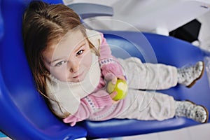 Little girl in a blue dental chair