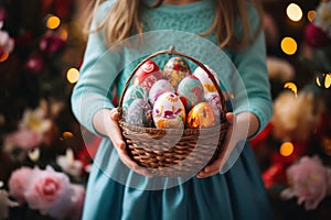 Little girl in a blue dress holding a basket with Easter eggs.