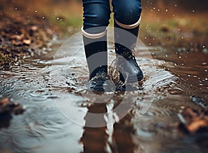 A little girl in boots stepping into a muddy puddle, splashing water, amidst an autumn setting.