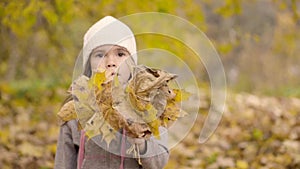 Little girl with a bouquet of autumn leaves