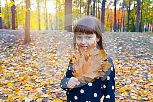 Little girl with a bouquet of maple leaves in a sunny park in autumn. Happy childhood concept