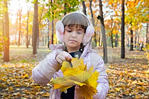 Little girl with a bouquet of maple leaves in a sunny park in autumn. Happy childhood lifestyle concept