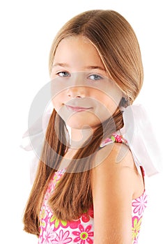 Little girl with bows on white background