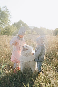 Little girl and boy in autumn on nature with a dog