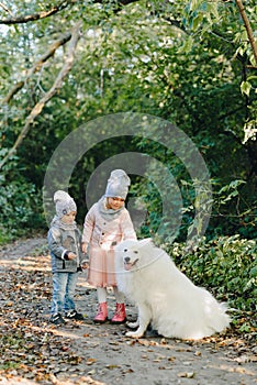 Little girl and boy in autumn on nature with a dog