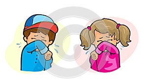 Little girl and boy coughing into elbow isolated on white background, social distance, example of sneezing, virus protection 2024