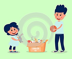 Little girl and boy donate toys. Children do a good deed.Vector illustration photo