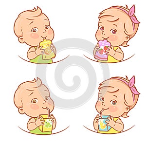 Little girl and boy drink juice, eat fruit puree