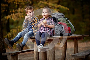 Little girl and boy eating apple in nature