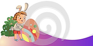 Little girl or boy hunting big decorative chocolate egg in easter bunny costume with ears and tail, vector illustration