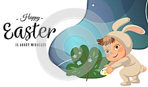 Little girl or boy hunting decorative chocolate egg under brush in easter bunny costume with ears and tail, vector