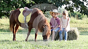 Little girl and boy with pony horse