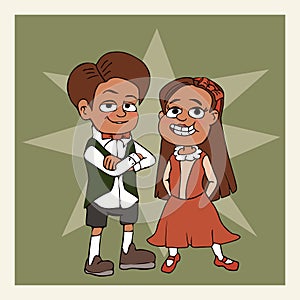 Little girl and boy posing in photo vector cartoon