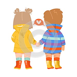 Little Girl and Boy Standing Back-first and Holding Hands Vector Illustration
