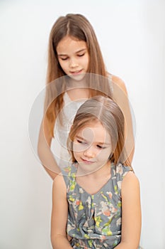 Little girl brushing hair of her younger sister
