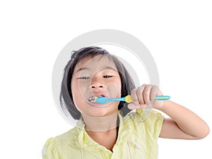 Little girl brushing her teeth isolated