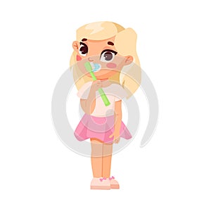 Little Girl Brushing Her Teeth with Toothbrush Engaged in Dental Care Vector Illustration