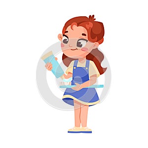 Little Girl Brushing Her Teeth with Toothbrush and Toothpaste Engaged in Dental Care Vector Illustration