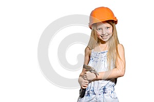 Little girl builder with a hammer., Little girl wearing the construction helmet, isolated over white background
