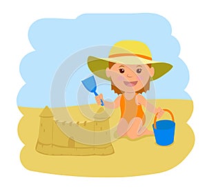 A little girl builds a sand castle. Vector illustration of summer vacation at sea