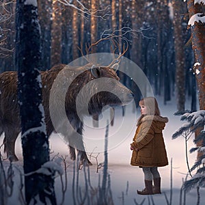 little girl with bull elk in forest winter season.