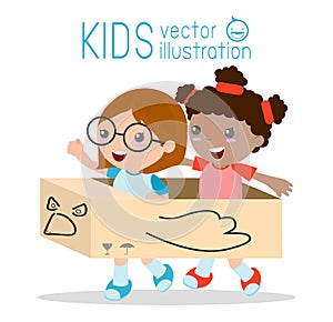 Little girl in a cardboard airplane, kids playing, happy child,Vector Illustration