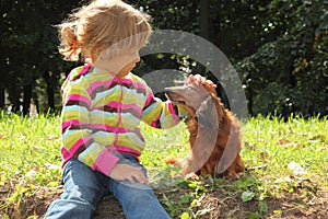 Little girl caress dachshund outdoor