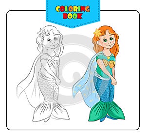 Little girl in carnival costume Mermaid. Coloring book