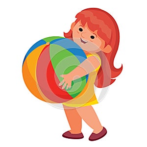 Little girl carries a colored big ball in her hands, isolated object on a white background