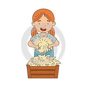 Little Girl Carrying Hay Working on the Farm Vector Illustration