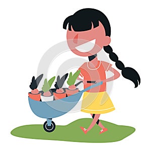 Little girl carrying a plant in the wagon. Kid gardening