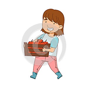 Little Girl Carrying Wooden Crate with Apples Working on the Farm Vector Illustration