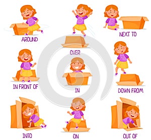 Little Girl and Carton Box as Prepositions of Place Demonstration Vector Set