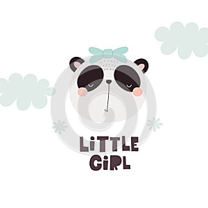 little girl. cartoon panda, hand drawing lettering, decorative elements. flat style, colorful vector for kids.