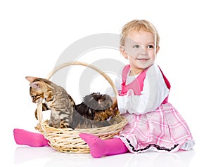 Little girl with a cat and a dog. on white background